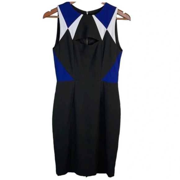 BCBGMAXAZRIA Geometric Cutout Dress Black Blue Sleeveless Fitted Baddie Size 4 - Picture 2 of 11